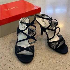 Vintage guess black satin and lace strappy heels
